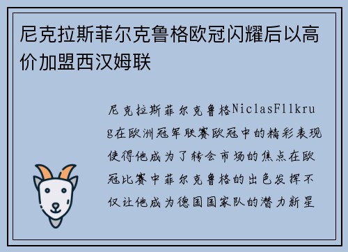 尼克拉斯菲尔克鲁格欧冠闪耀后以高价加盟西汉姆联 尼克拉斯菲尔克鲁格欧冠闪耀后以高价加盟西汉姆联